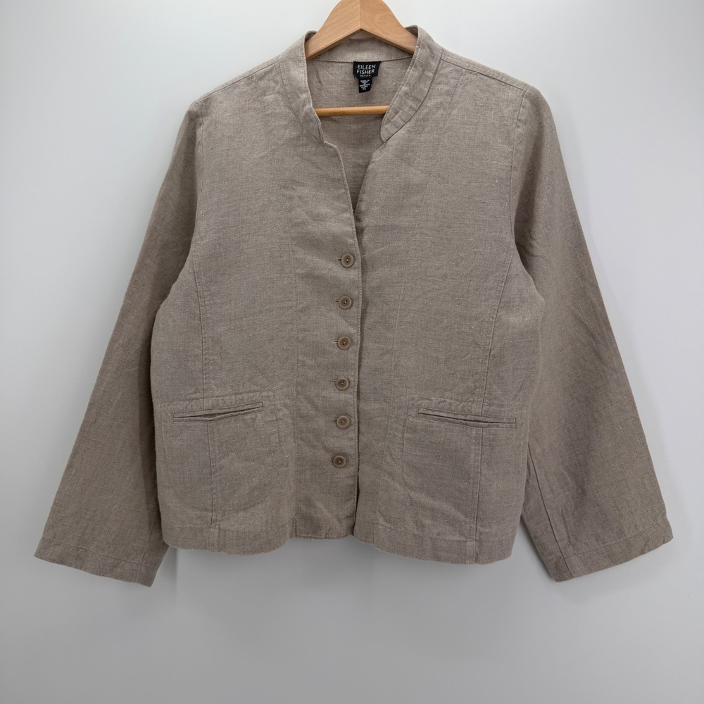 Eileen Fisher Irish Linen Jacket Women‎ PL Beige Minimalist Lagenlook Button Up